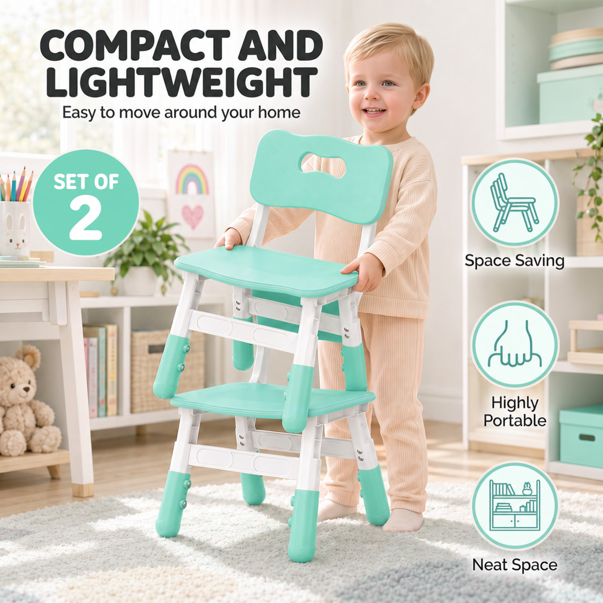 Adjustable kids chair set, mint seat and backrest with white frame for easy moving