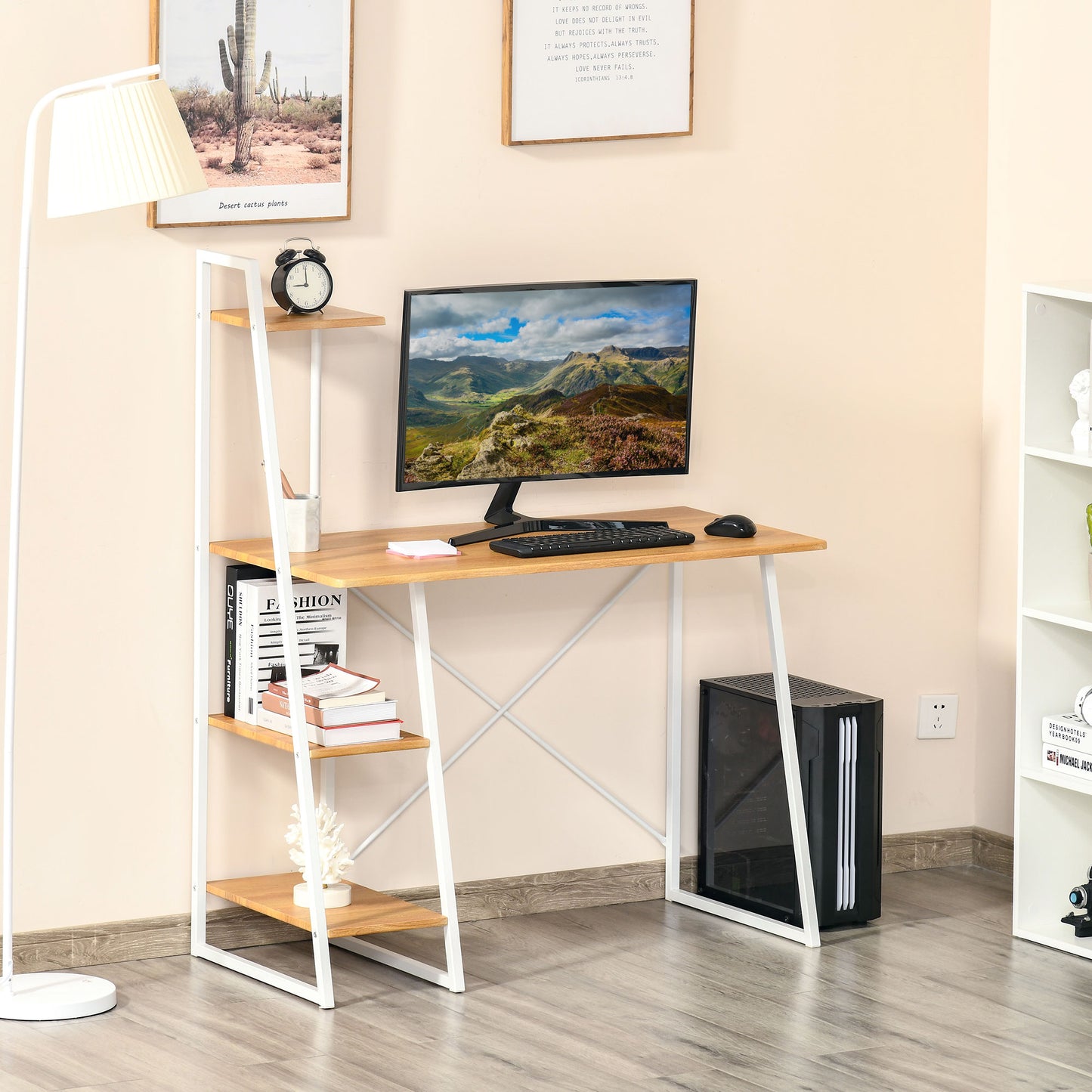 HOMCOM Compact Natural Wood Home Office Desk with 3-Tier Shelving for Small Spaces - ALL4U RETAILER LTD