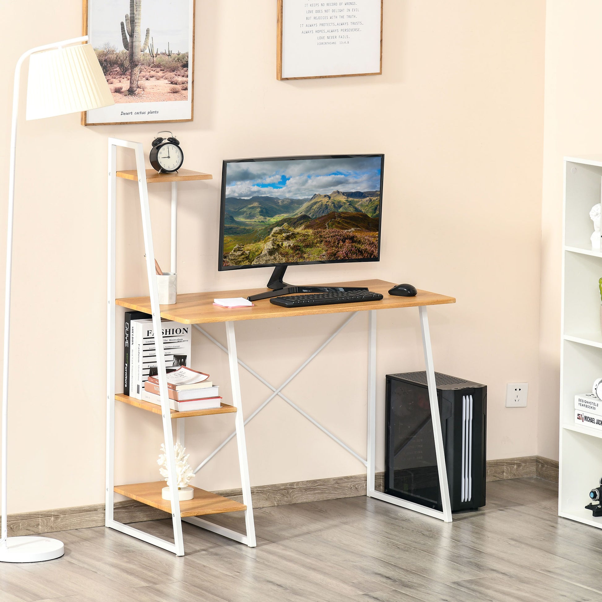 HOMCOM Compact Natural Wood Home Office Desk with 3-Tier Shelving for Small Spaces - ALL4U RETAILER LTD