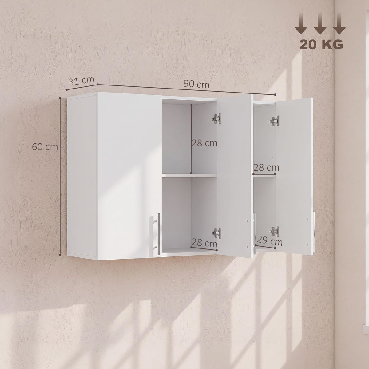 Wall-mounted white cabinet with three open doors and a central adjustable shelf