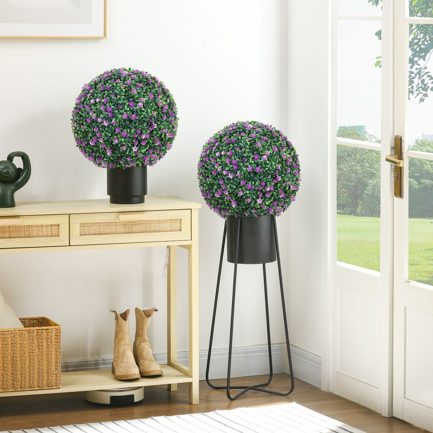 HOMCOM Set of Two Artificial Boxwood Balls Purple for Realistic Indoor Outdoor Decor