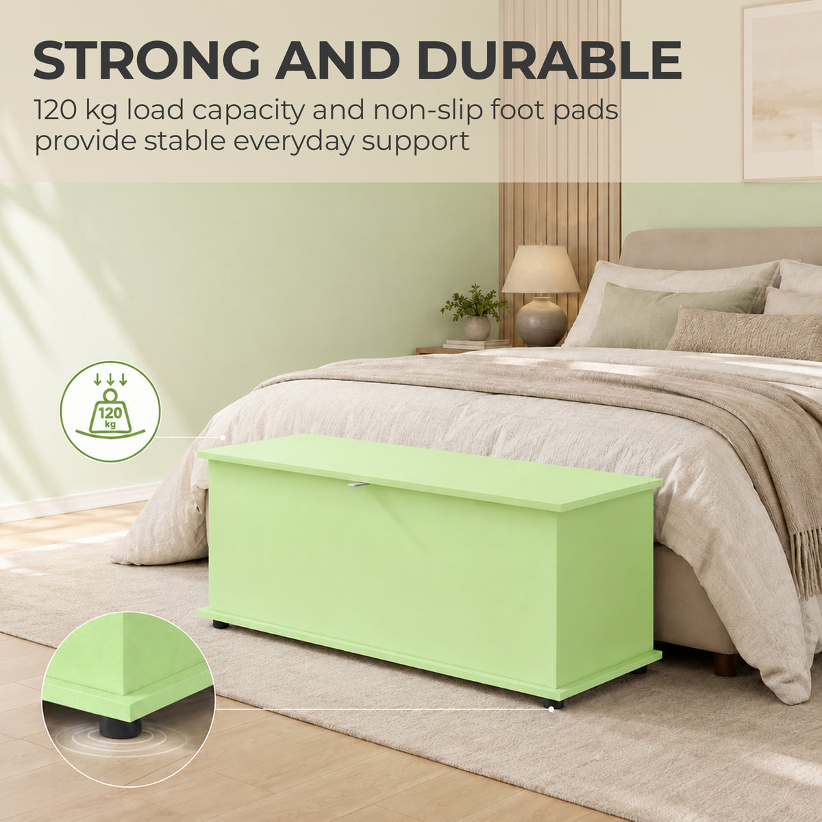 Homcom 114L Green Wooden Storage Bench With Safety Hinge For Home