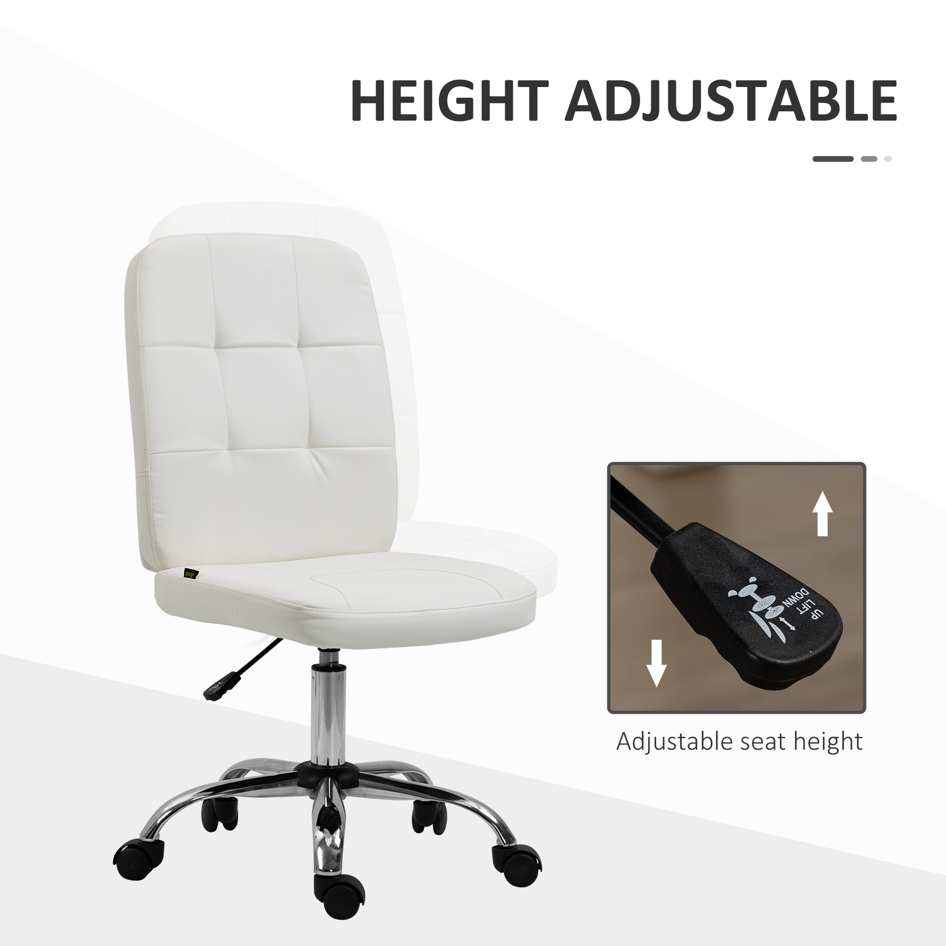 Vinsetto Armless White Faux Leather Office Chair with Adjustable Height and Swivel Wheels - ALL4U RETAILER LTD