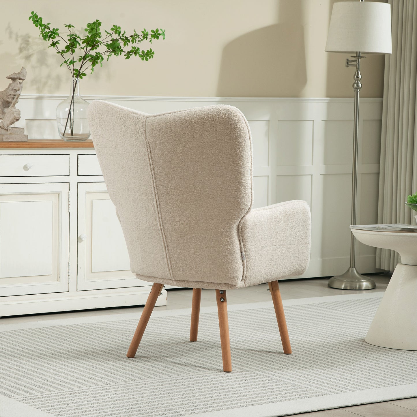 HOMCOM Modern Accent Chair Upholstered High Back Armchair Tufted Wingback Teddy Fleece Wood Legs Cream White