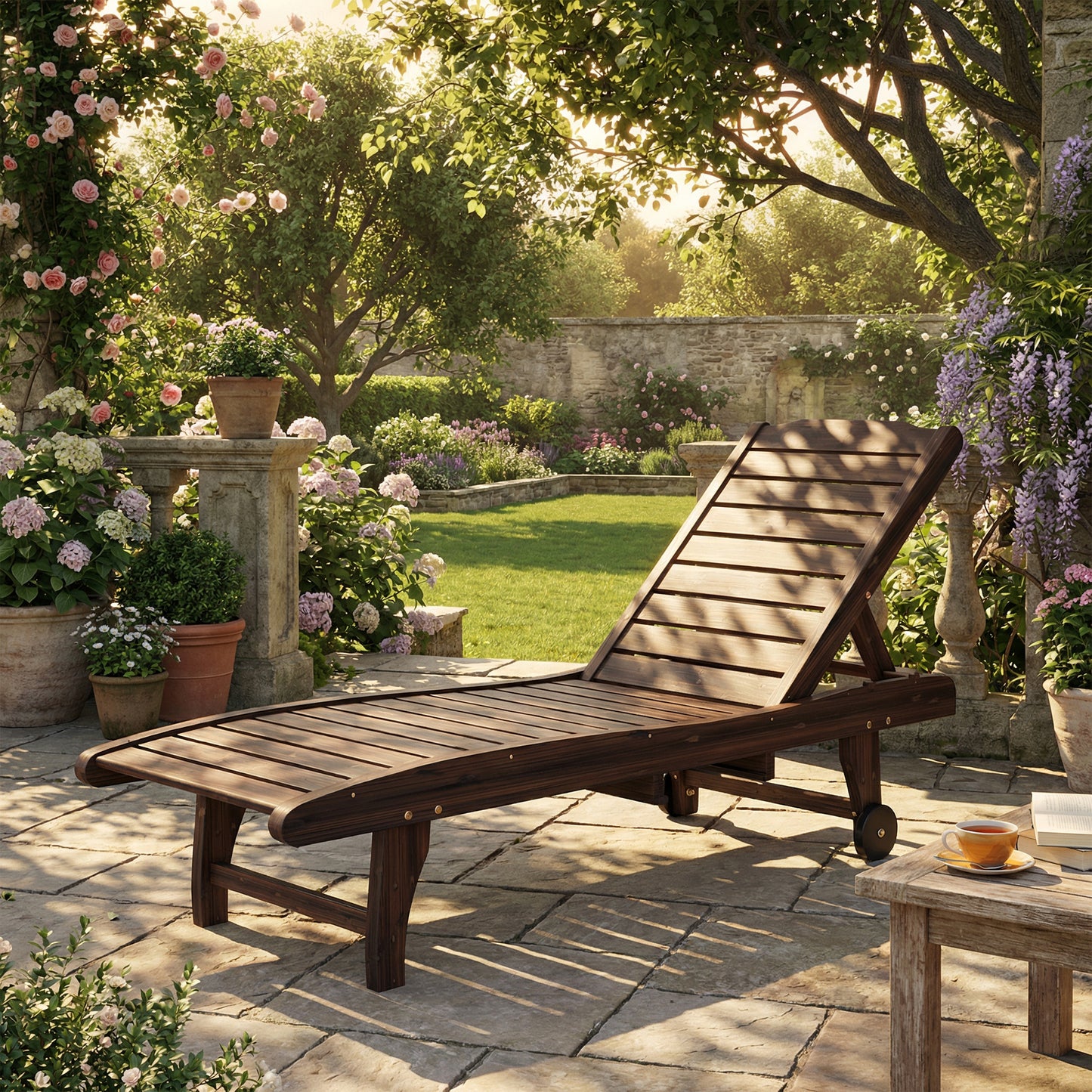 Outsunny Outdoor Wooden Sun Lounger With Built In Table Carbonised Finish Three Position Backrest And Side Tray