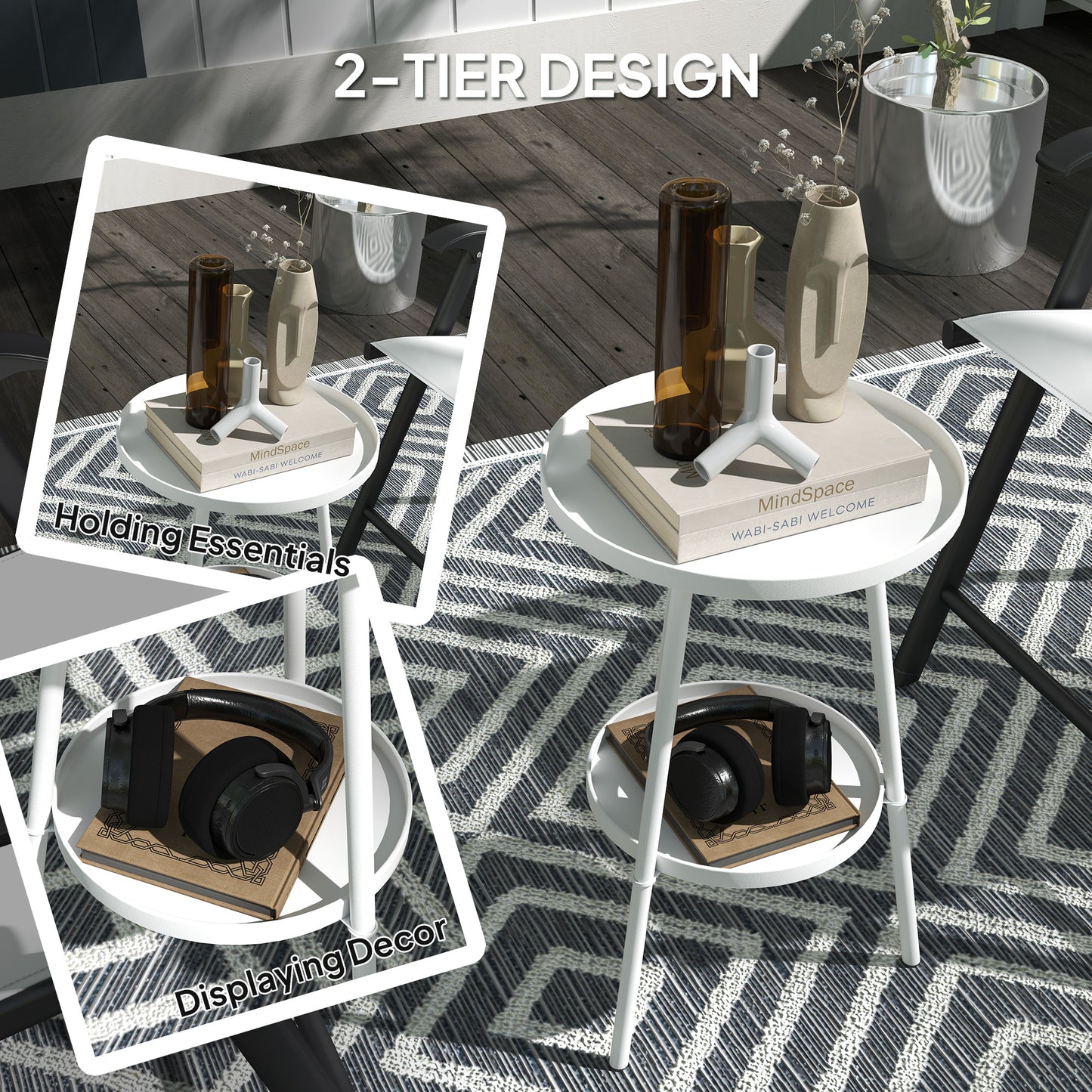 Outsunny White Two Tier Metal Garden Table For Indoor And Outdoor Use Weather Resistant Round Bistro