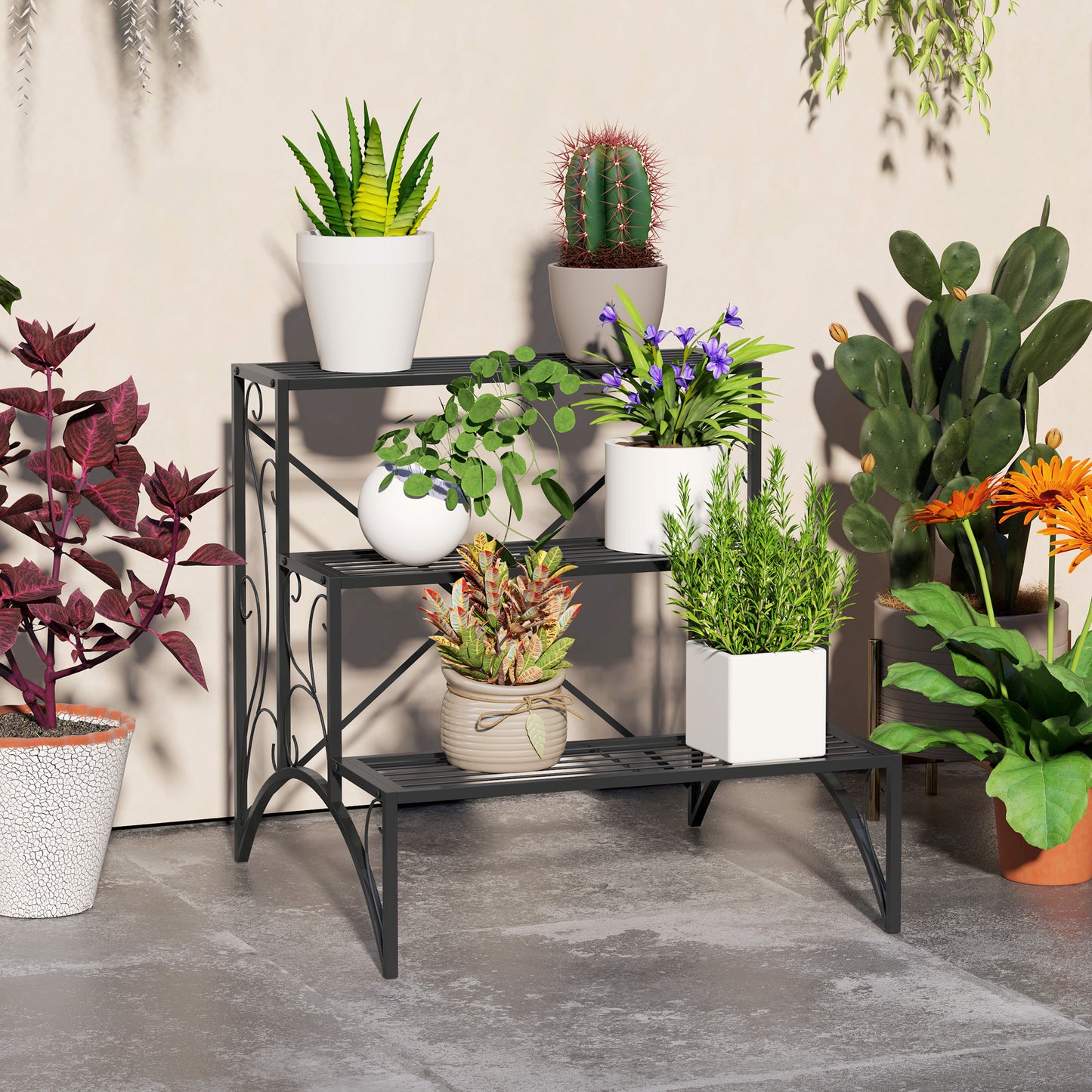 Outsunny Three Tier Decorative Metal Plant Stand Black Indoor Outdoor Garden Display