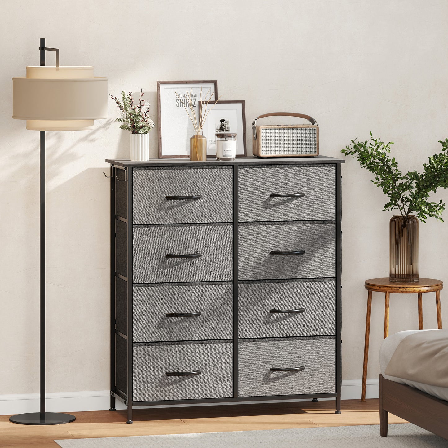 HOMCOM Fabric Chest Of Eight Drawers Charcoal Grey With Steel Frame And Side Pockets