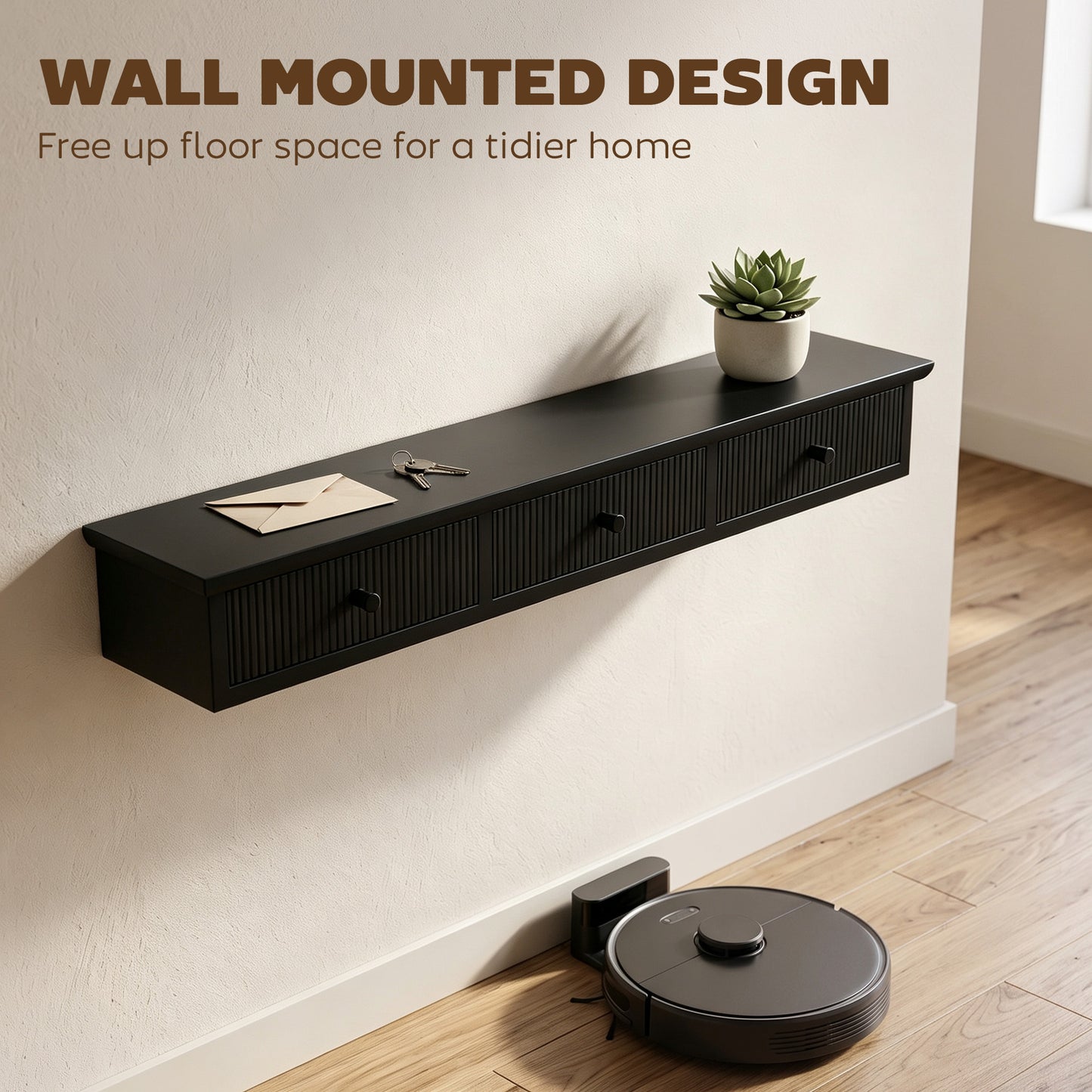 HOMCOM Black Wall Mount Storage Shelf Unit With Drawers For Entryway