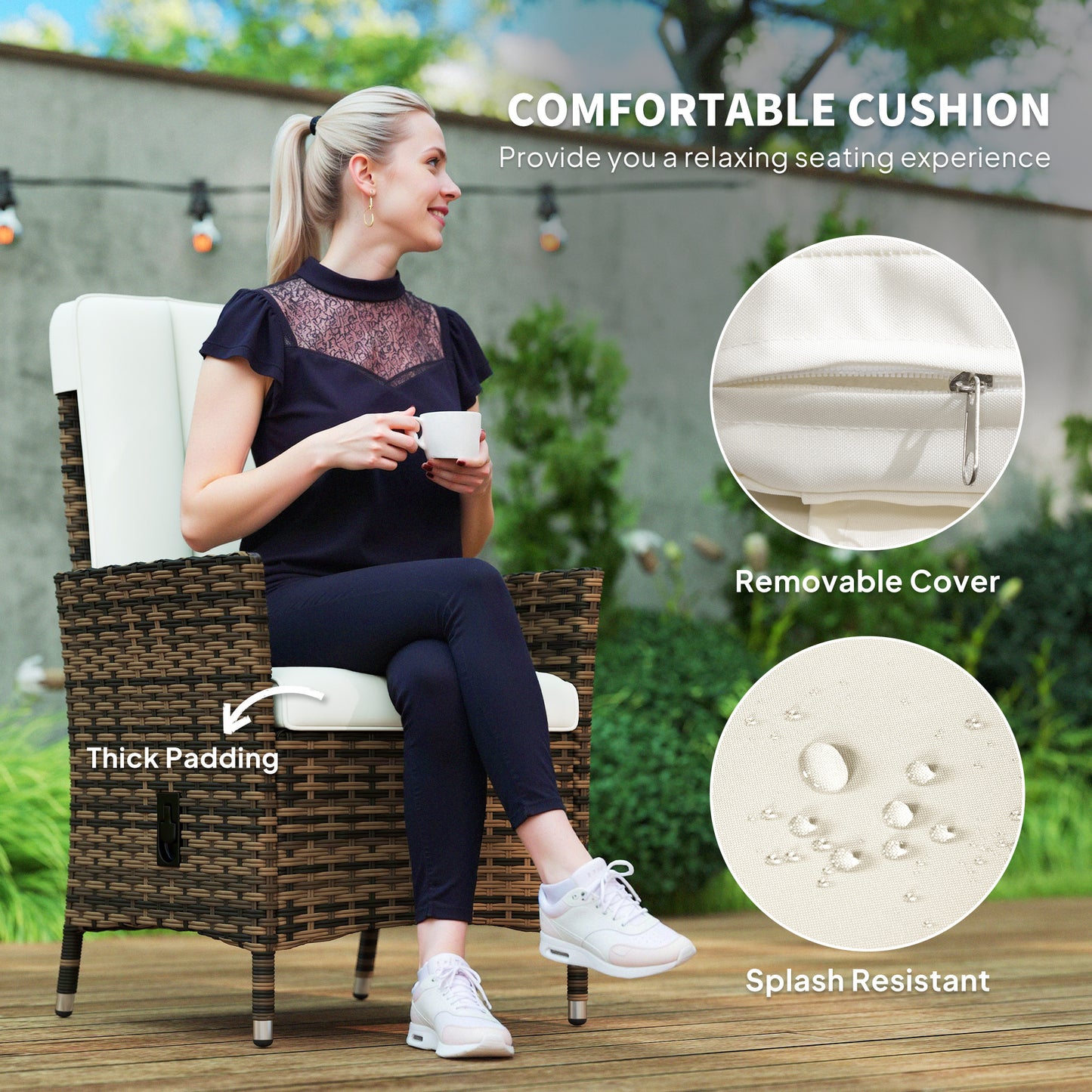 Outsunny Cream Reclining Rattan Chair With Adjustable Back 105 To 150 Degrees Cushioned Seat