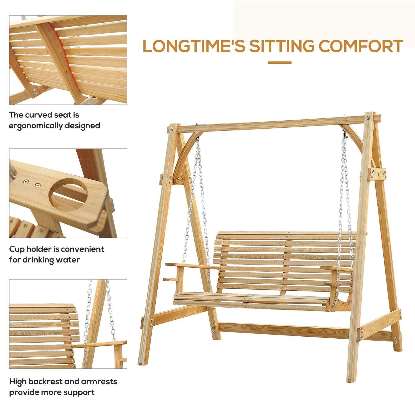 Outsunny 2 Seater Garden Swing Seat Wooden Swing Chair Bench With Cup Holders For Outdoor Porch Patio Natural Finish