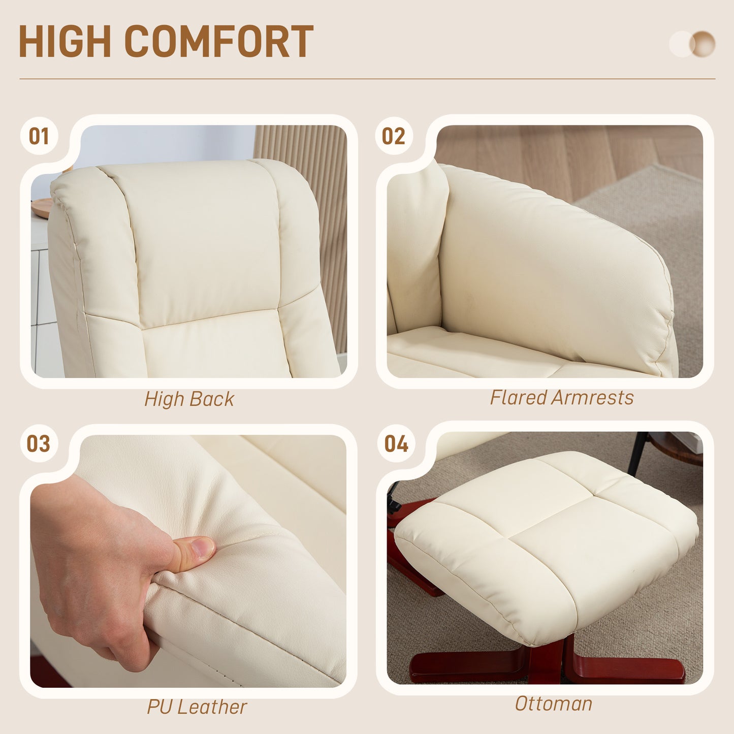 HOMCOM Rocking Recliner Chair With Footstool In Cream PU Leather For Living Room And Bedroom With Wood Base