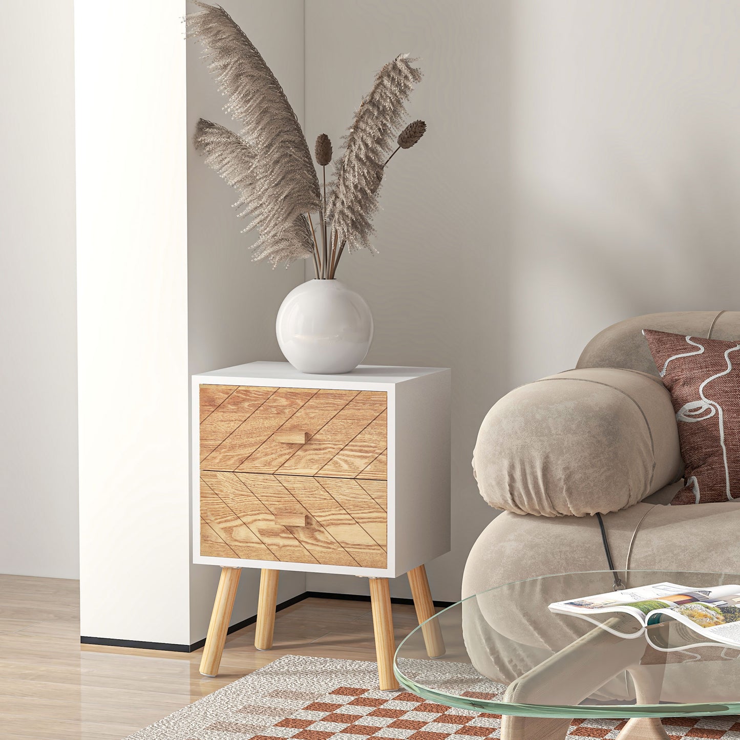 HOMCOM Bedside Table Set of 2 Modern Nightstands with Drawers and Pine Wood Legs White and Natural