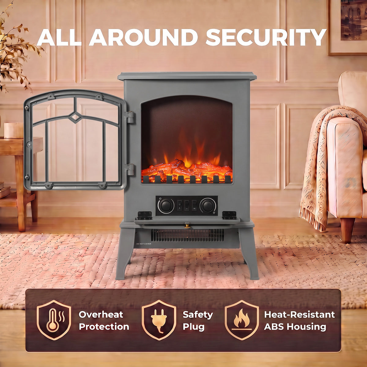 Grey electric fireplace stove with open door and LED flame effect inside