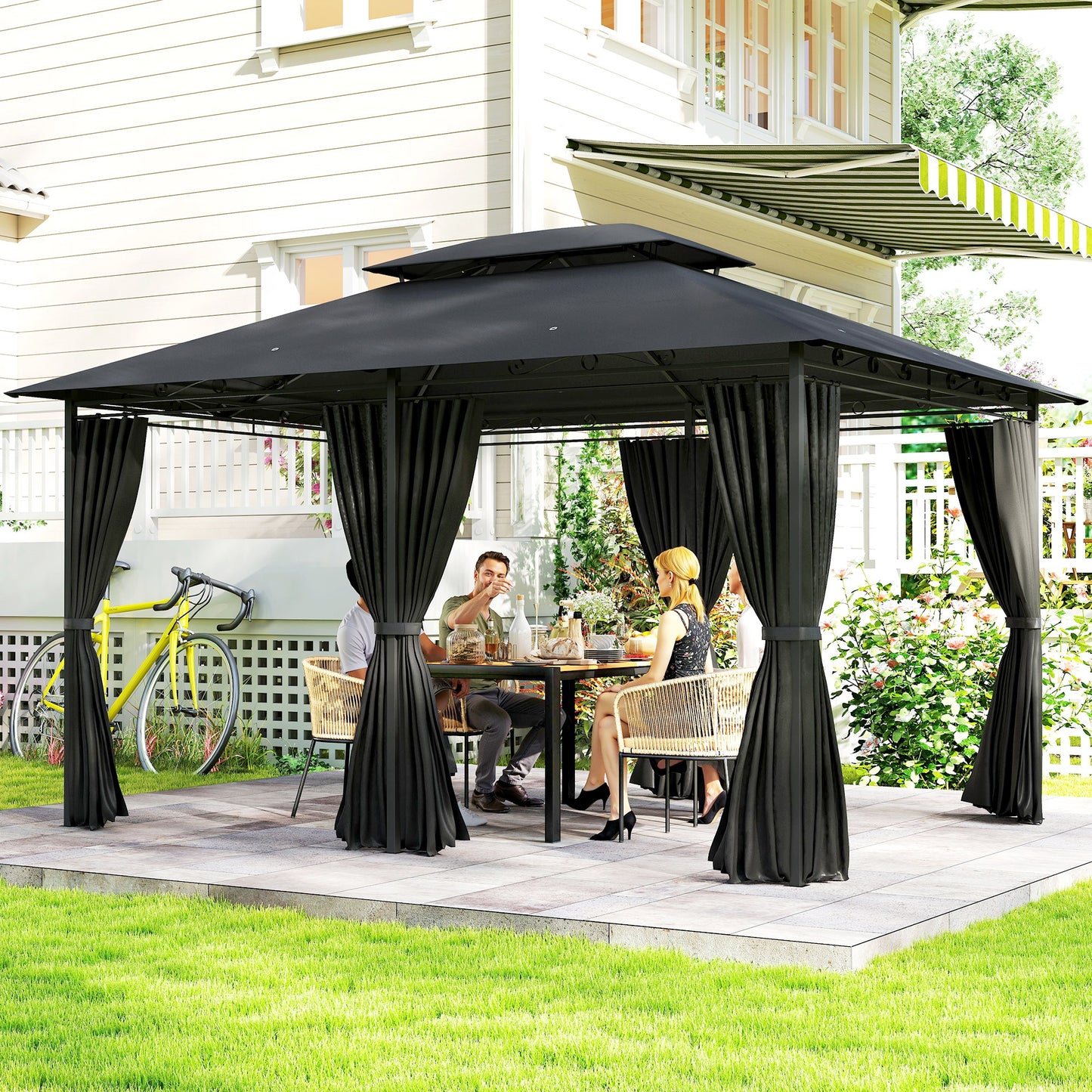 Outsunny 3x4m Steel Gazebo With UV Resistant Curtains Black Outdoor Party Shelter Two Tier Roof Ground Stakes
