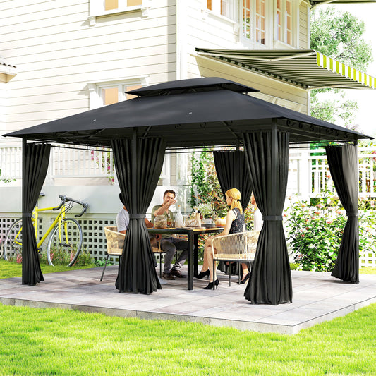 Outsunny 3x4m Steel Gazebo With UV Resistant Curtains Black Outdoor Party Shelter Two Tier Roof Ground Stakes