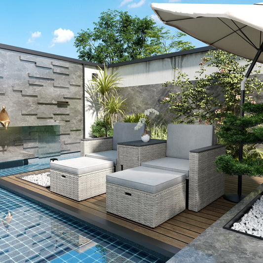 Outsunny Five Piece Rattan Garden Furniture Set With Storage Table Cushions And Two Chairs And Footstools Grey
