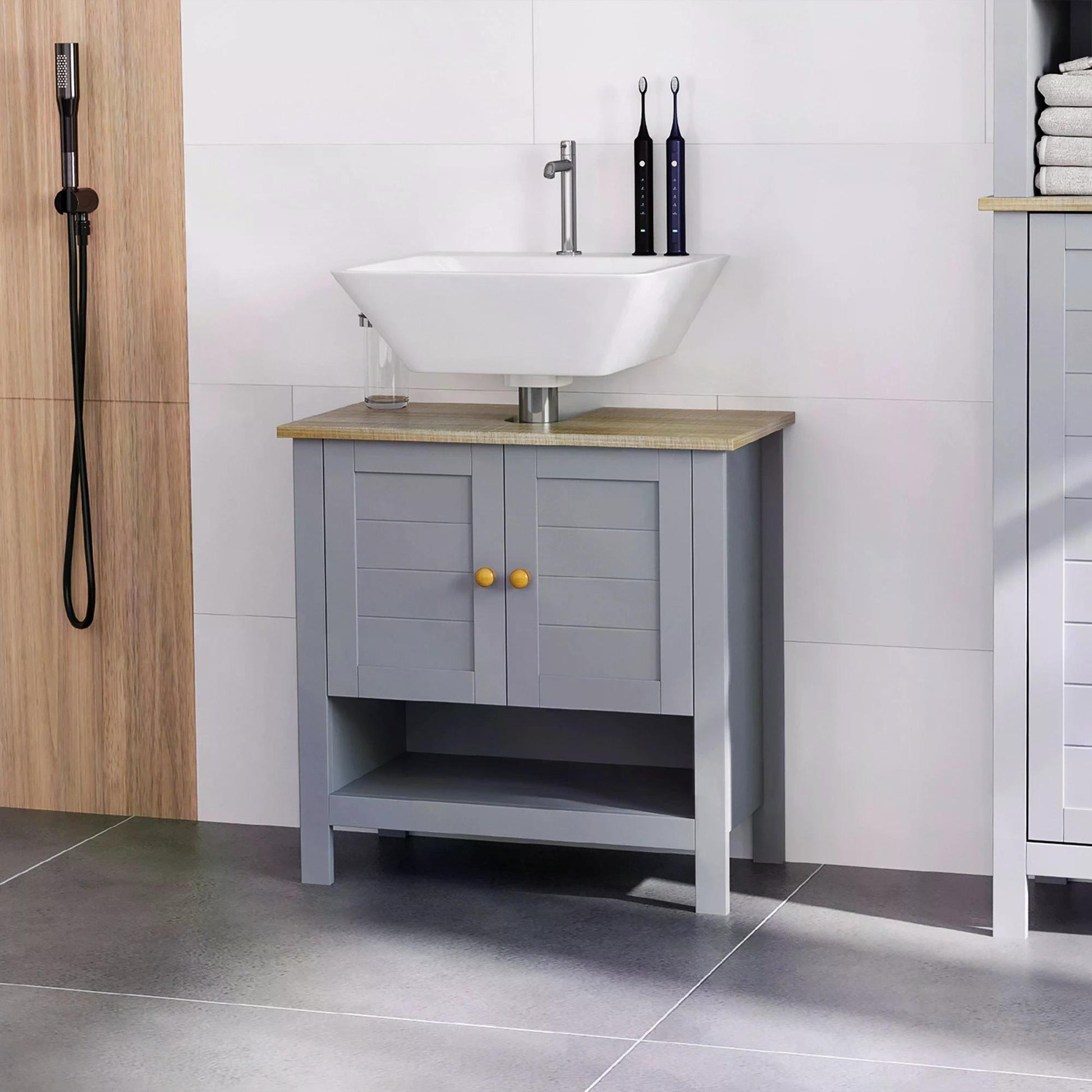 Kleankin Grey Pedestal Under Sink Cabinet for Bathroom Storage - ALL4U RETAILER LTD