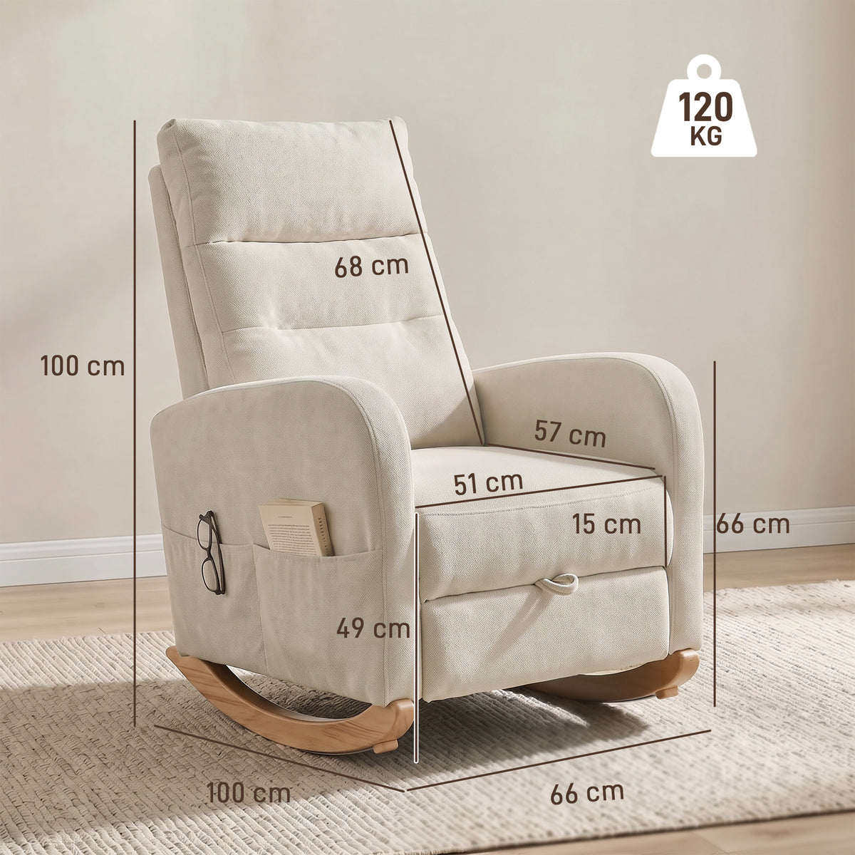 Light beige high-back rocking chair showing dimensions and retractable footrest