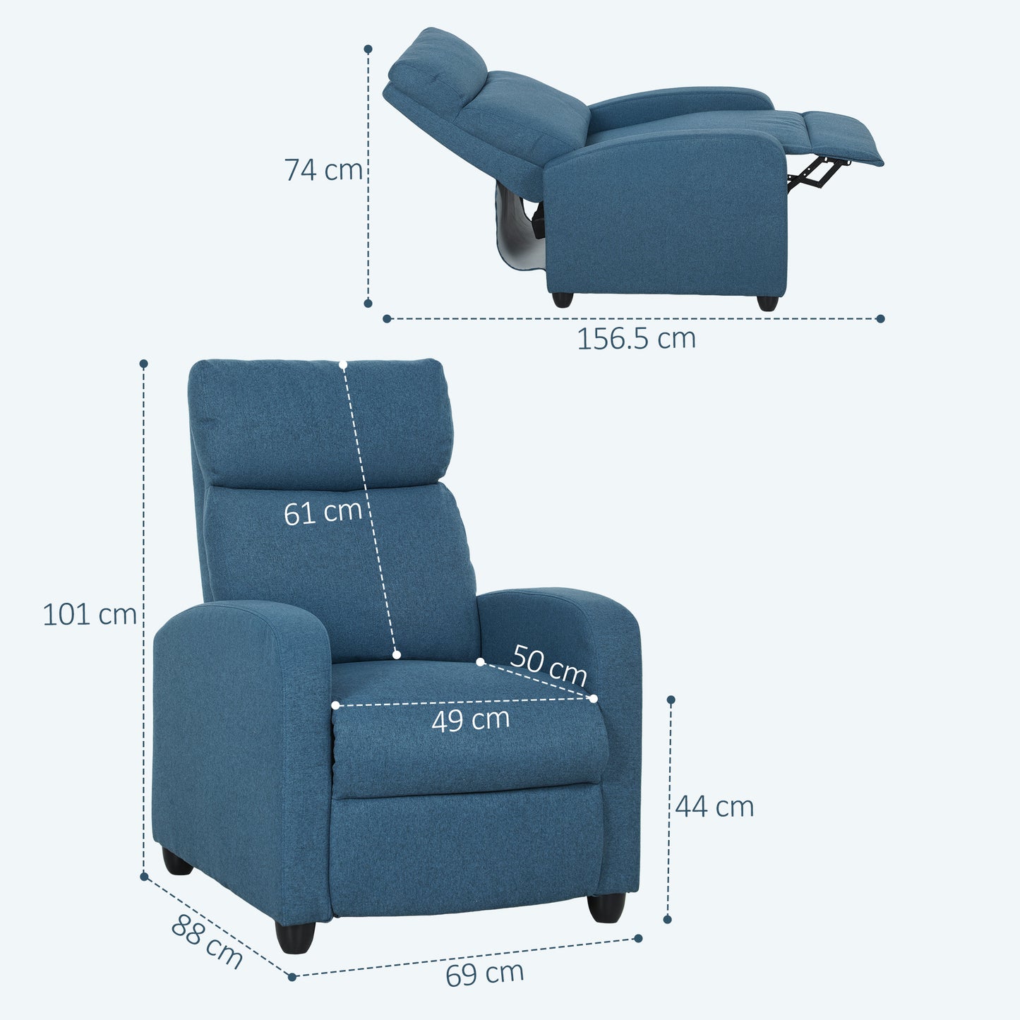 HOMCOM 135 Degree Push Back Recliner Armchair With Footrest In Blue Linen Upholstery