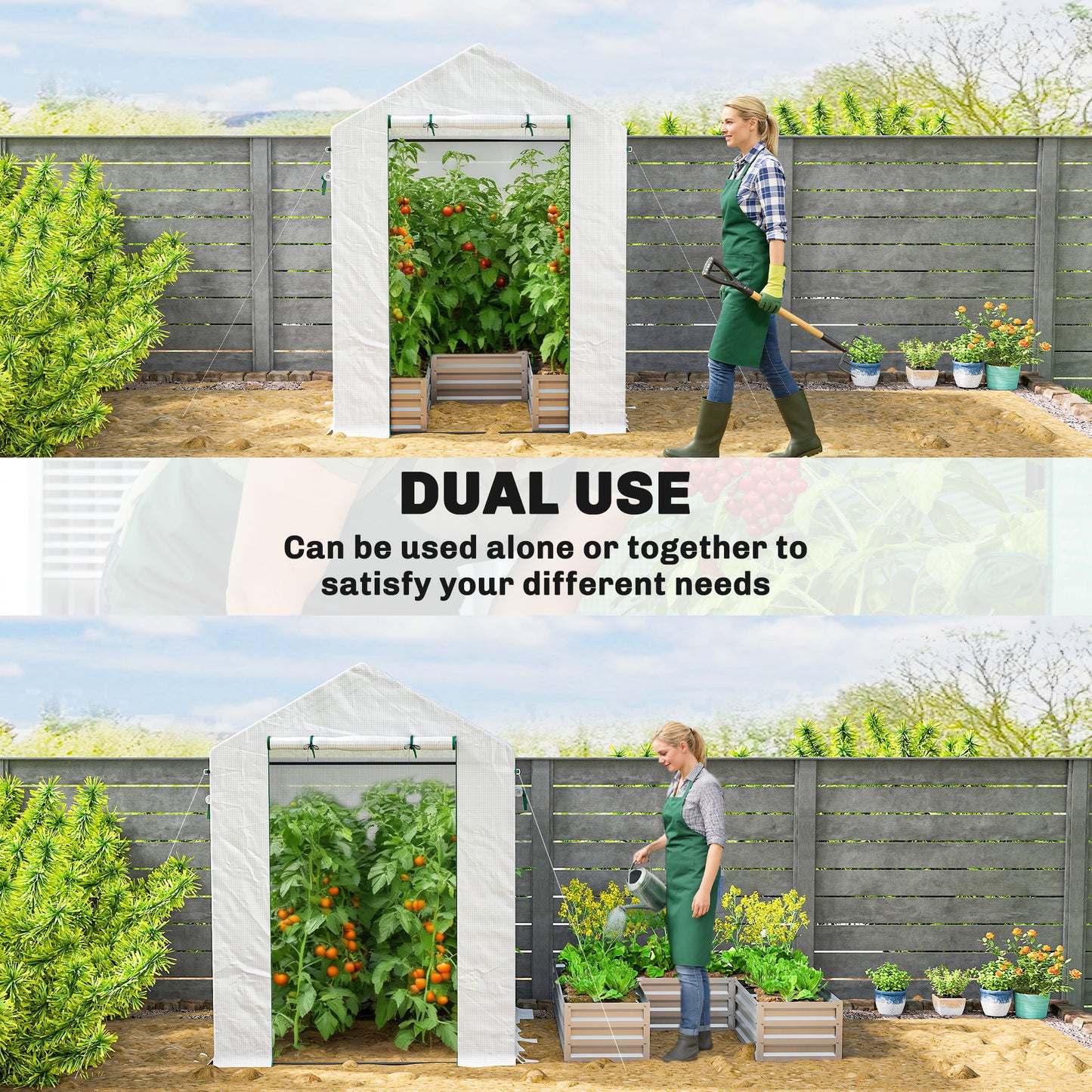 Outsunny Small Greenhouse With Raised Garden Bed Walk In Galvanised Steel Frame Roll Up Windows 141 X 141 X 190 cm White