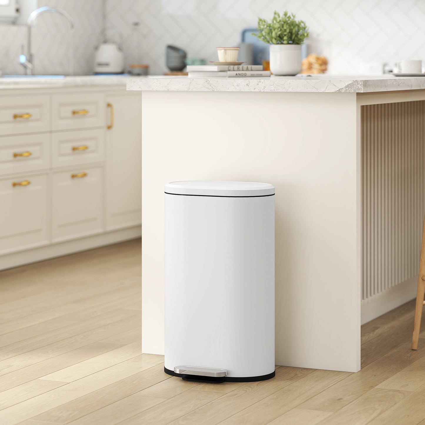 HOMCOM 30 L Modern Curved Kitchen Bin with Silent Soft Close Lid Cream Finish Pedal Operation