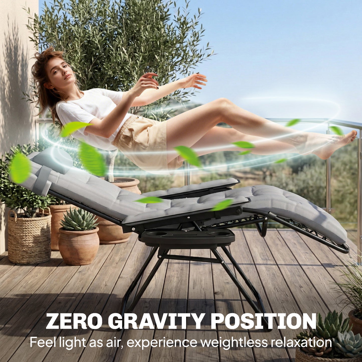 Outsunny Zero Gravity Folding Sun Lounger Recliner With Arm Pads Cushion Cup Holder Headrest Light Grey