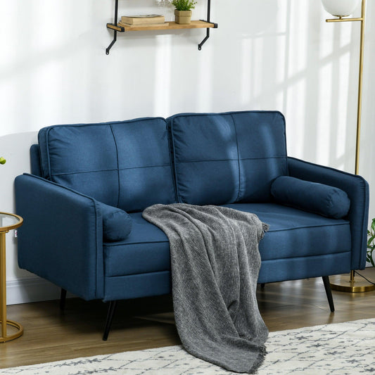 HOMCOM 143cm Loveseat Sofa for Bedroom Upholstered 2 Seater Sofa with Back Cushions and Pillows, Blue - ALL4U RETAILER LTD