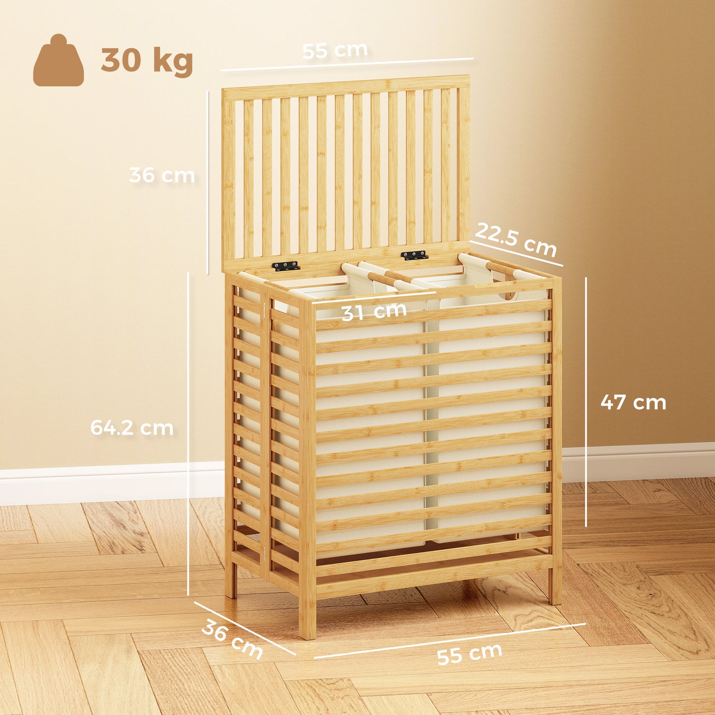 HOMCOM Bamboo Laundry Basket With Lid Two Baskets Foldable 64L Two 32L Bags Natural Cream White
