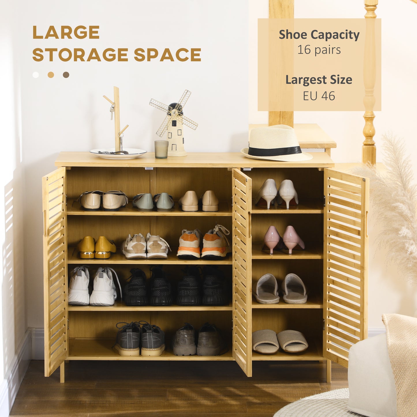 HOMCOM Rustic Shoe Cabinet 3 Door Storage with 8 Shelves Adjustable Upper and Lower Shelves Natural Wood Finish