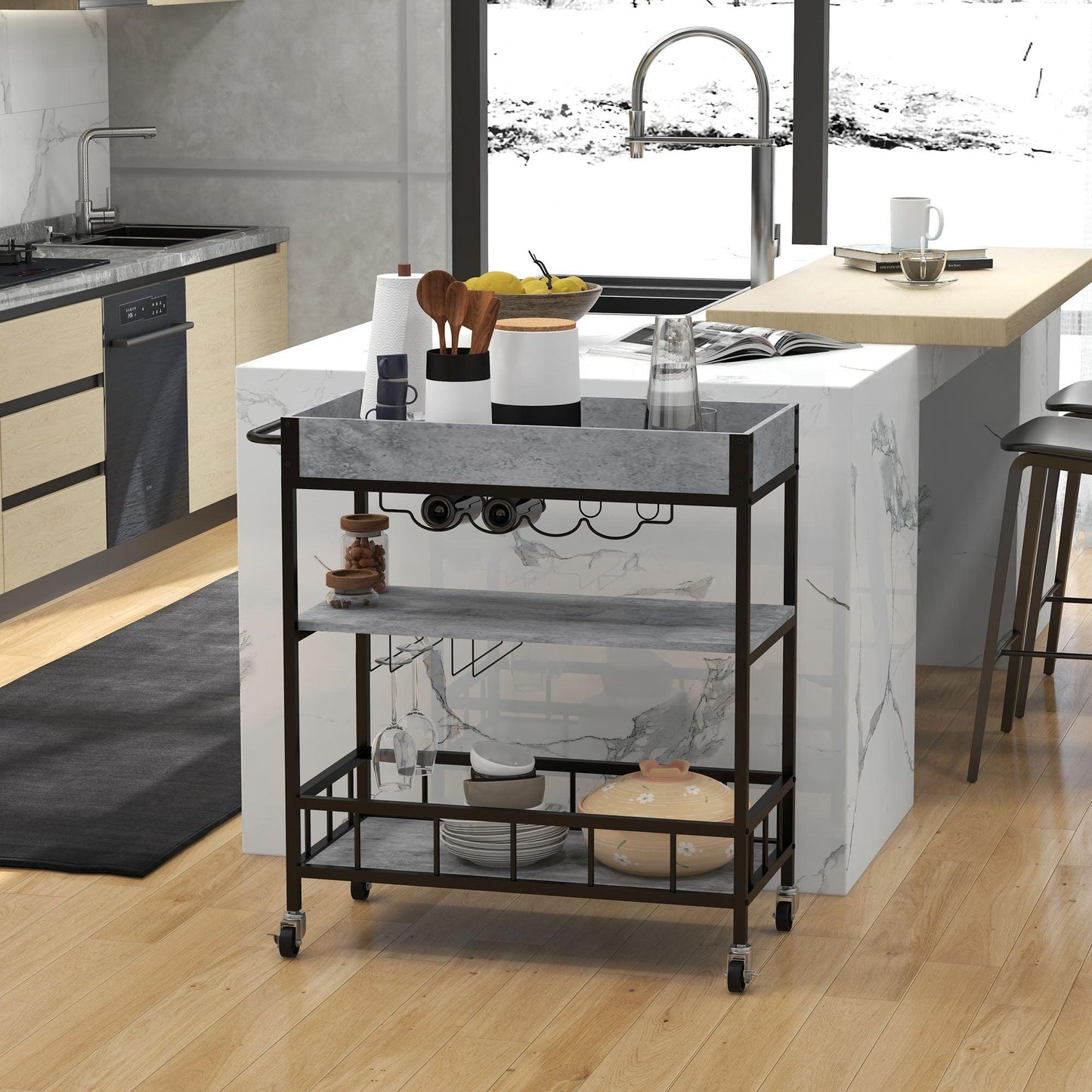 HOMCOM 3-Tier Kitchen Cart, Kitchen Island with Storage Shelves, Removable Tray, Wine Racks, Glass Holders, Faux Marbled Grey - ALL4U RETAILER LTD