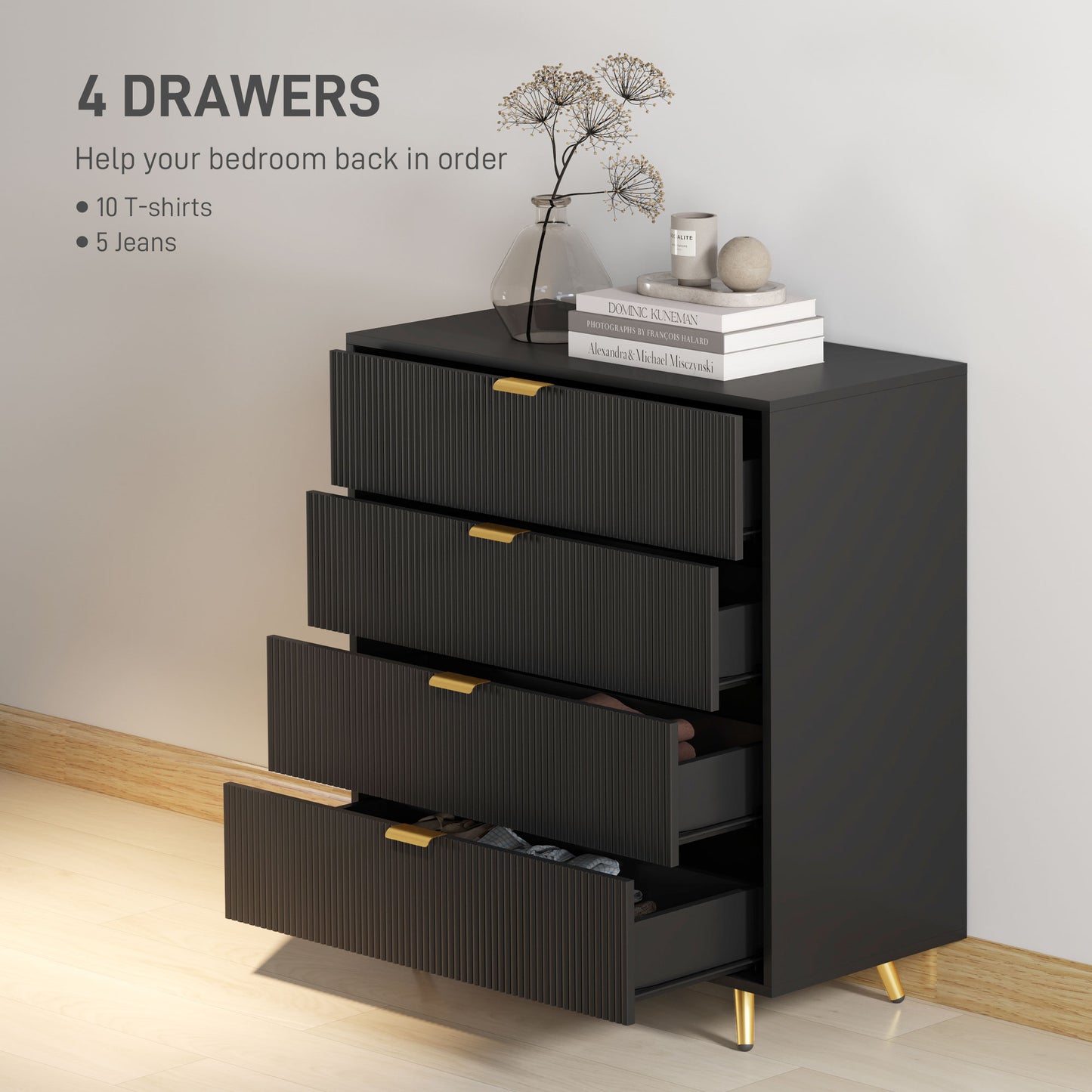 HOMCOM Elegant Four Drawer Bedside Table Black With Ridged Fronts And Gold Handles Nightstand
