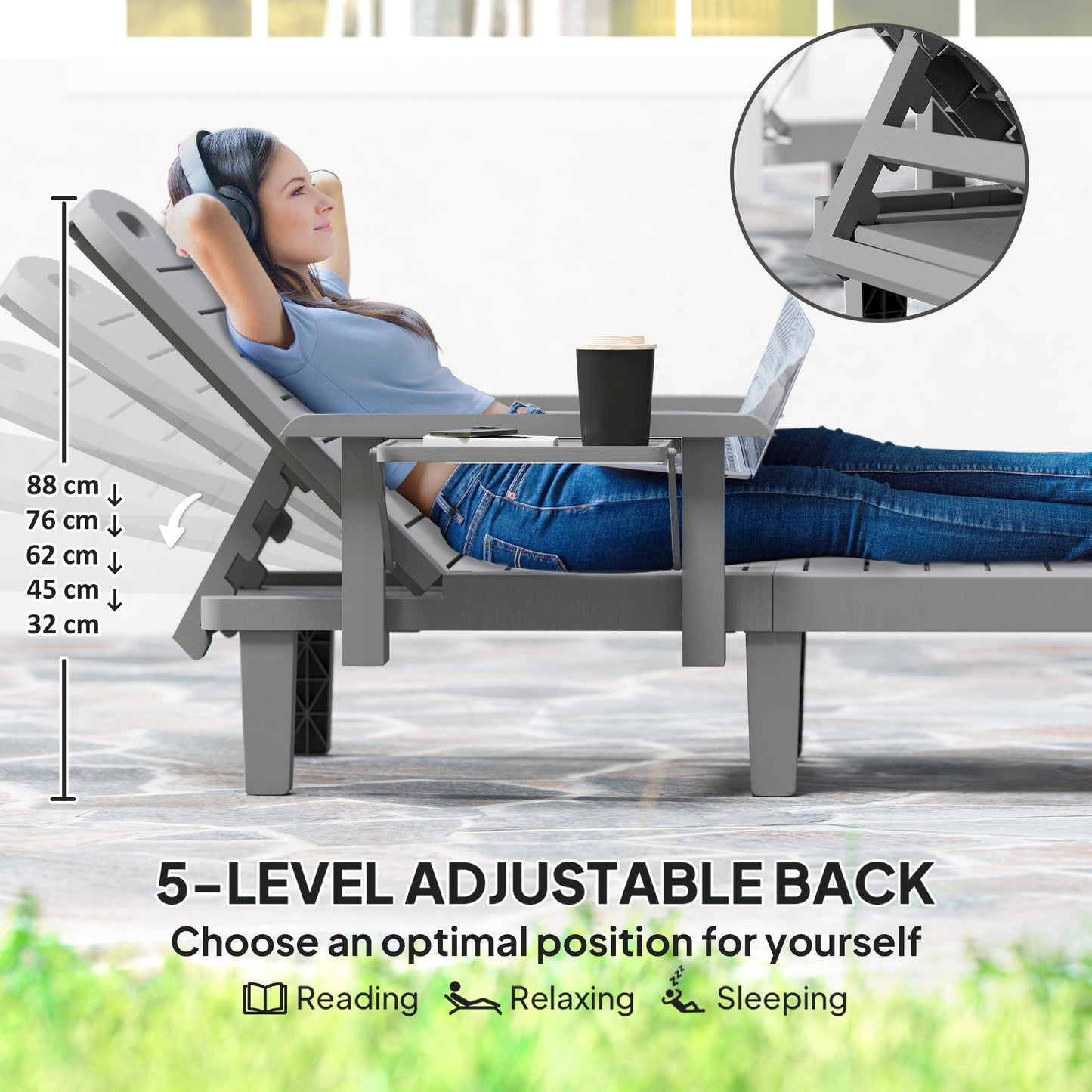 Outsunny 2 Pack Resin Sun Loungers Garden Beach 5 Position Adjustable Wood Grain Surface Foldable Table Dark Grey