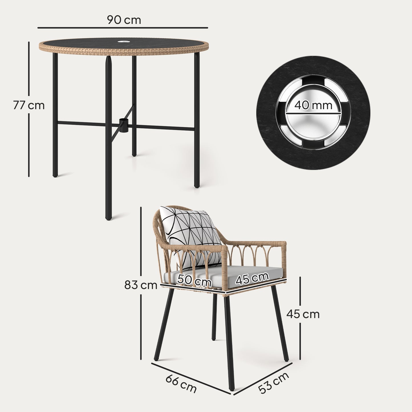 Outsunny 5 Piece Patio Rattan Dining Set With Removable Cushions Round Tempered Glass Tabletop Parasol Hole Light Brown