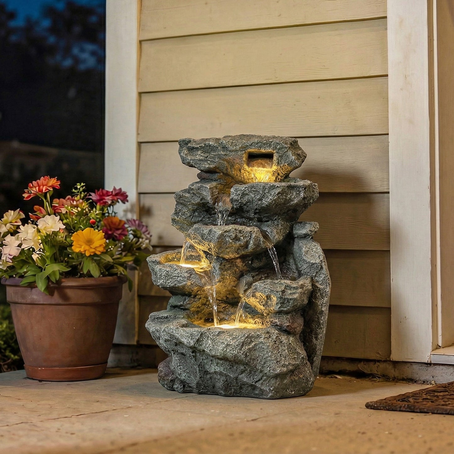 Outsunny Outdoor Fountain With 6 Tier Rock Design Waterfall Feature LED Lights Resin Freestanding Garden Fountain Grey