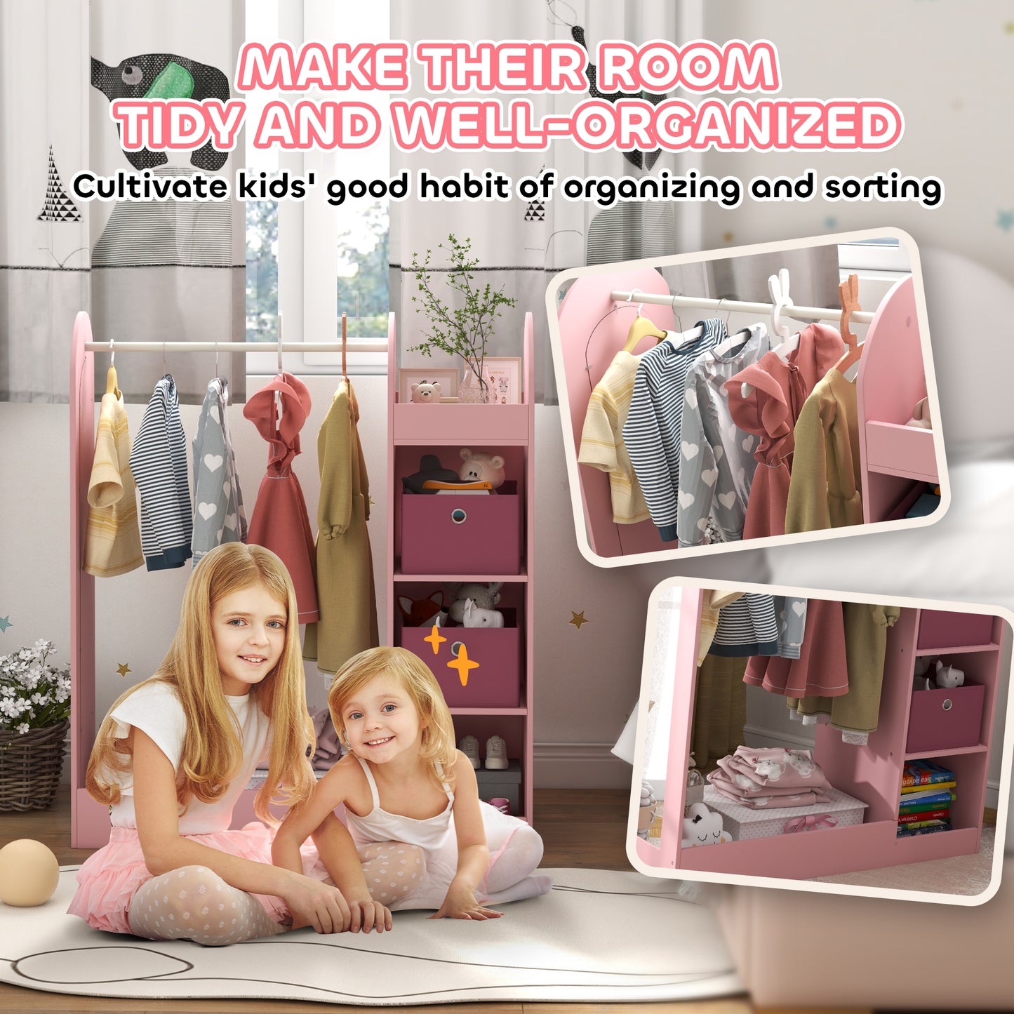 AIYAPLAY Kids Clothes Rail With Storage Shelf Boxes And Mirror For Bedroom And Nursery Pink