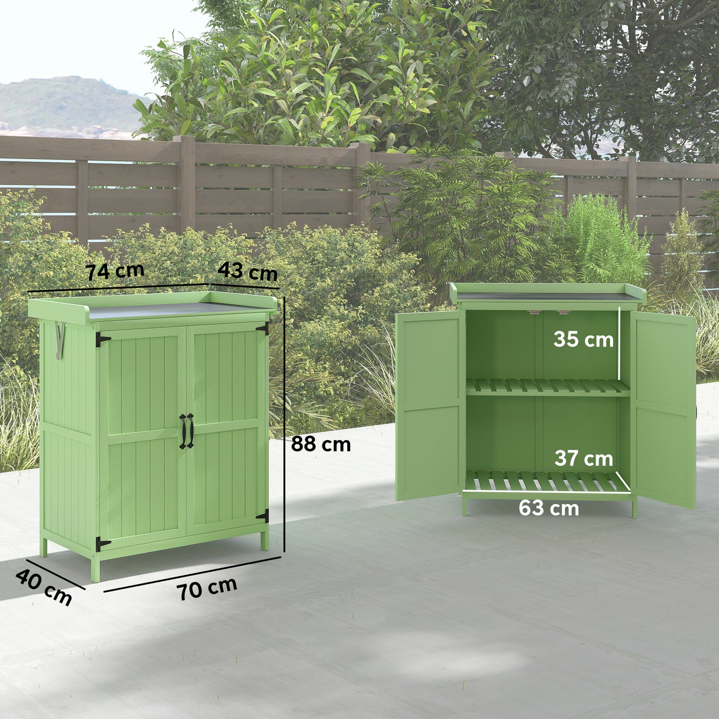 Outsunny Wooden Garden Shed For Tool Storage With Hinged Roof And Shelf Double Doors Light Green