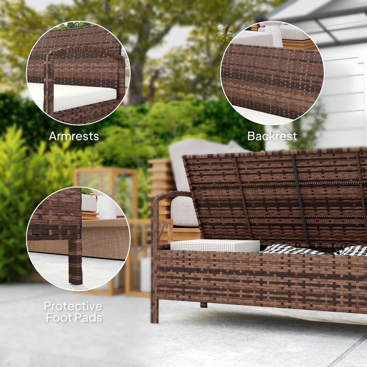 Outsunny 125L Storage Garden Bench With Cushion Brown Rattan Outdoor Two In One Design
