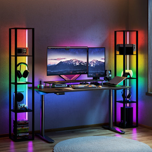 HOMCOM RGB LED Floor Lamp With Shelves Dimmable Standing Lamp With Remote Control Black