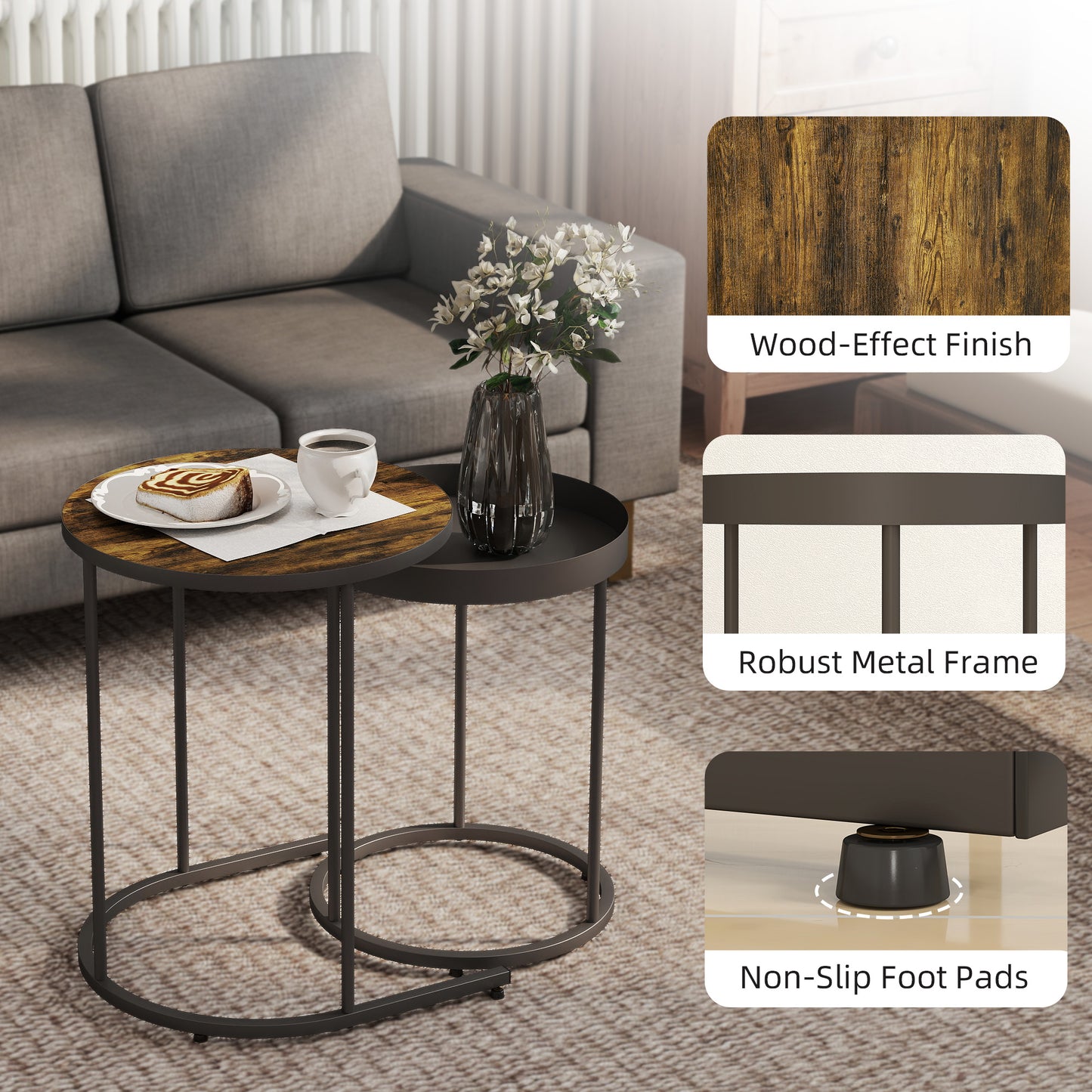 Industrial Nesting Tables Set of Two Brown and Black Finish Space Saving Nesting Tables for Living Room