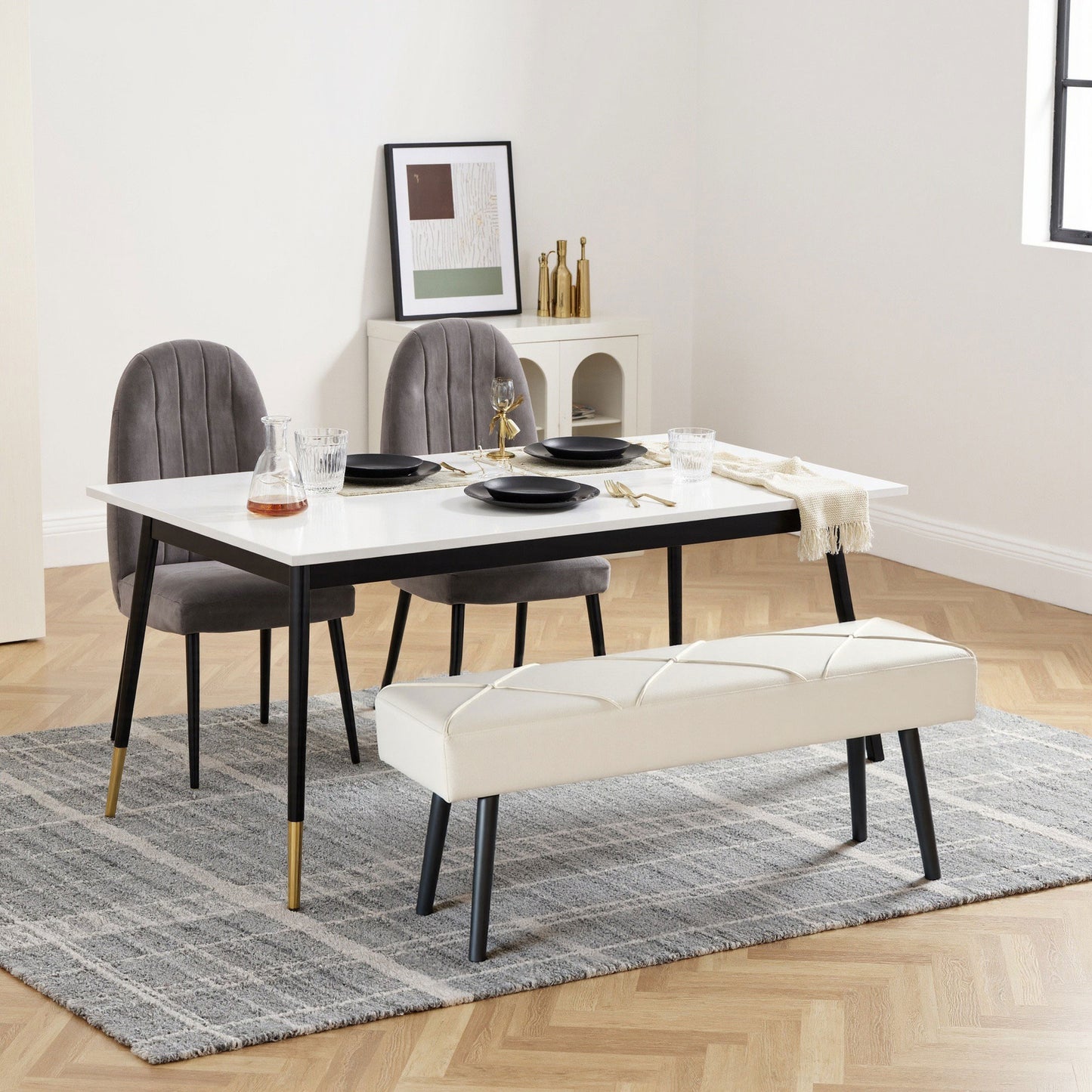 HOMCOM Cream Velvet Upholstered Hallway And End Of Bed Bench With X Shape Design And Steel Legs