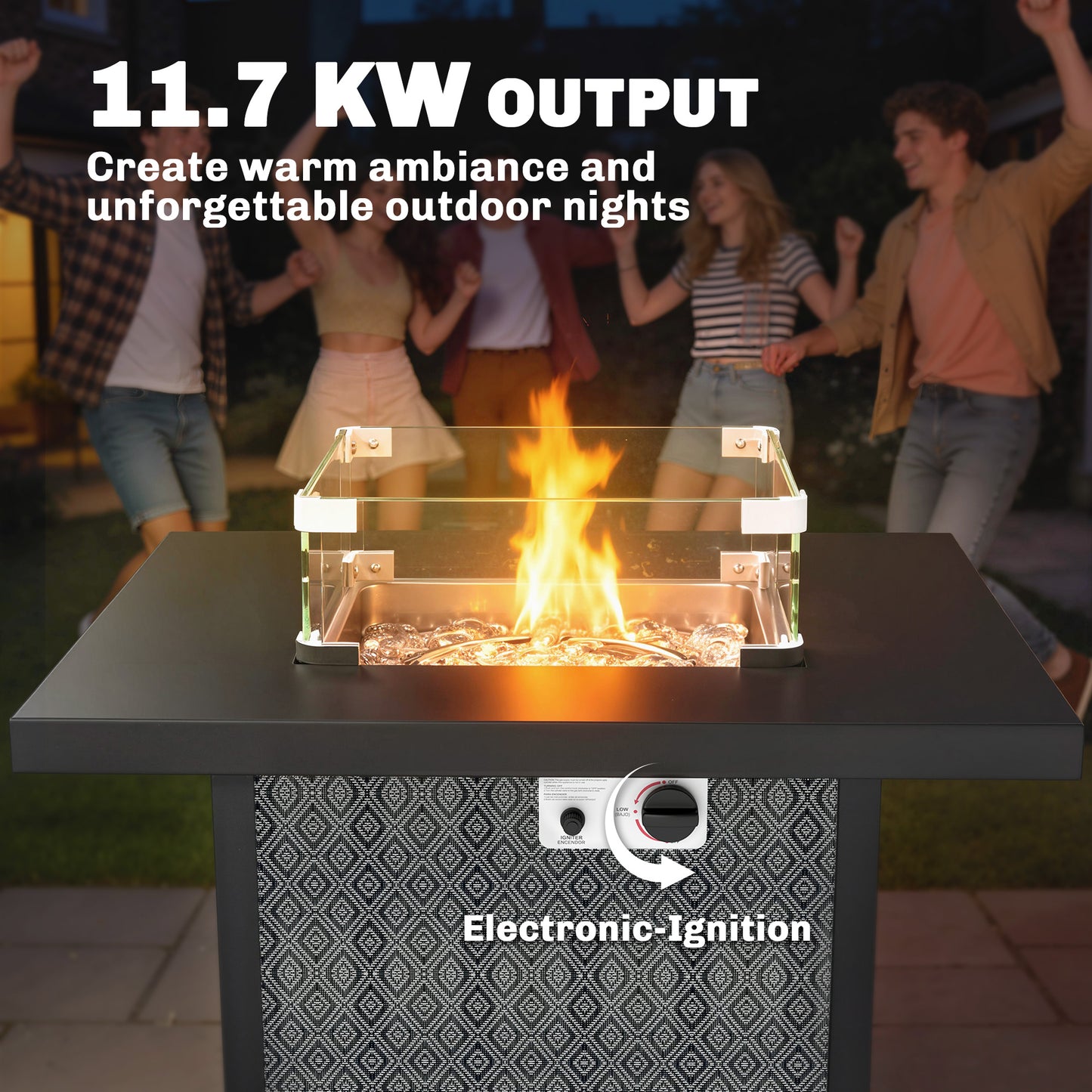 Outsunny Propane Gas Fire Pit Table Outdoor Garden 11.7 KW Smokeless Heater With Wind Guard Glass Rocks Lid Black
