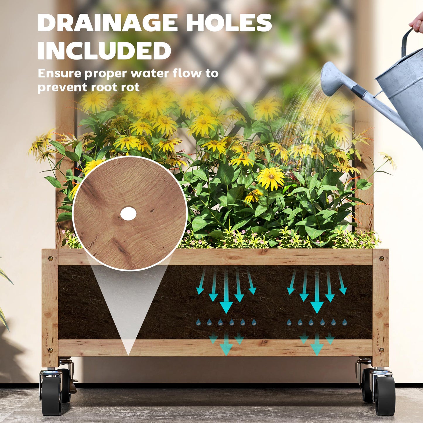 Outsunny Wooden Planter With Metal Trellis On Wheels Brown And Black 20 x 47 Cm Drainage Holes