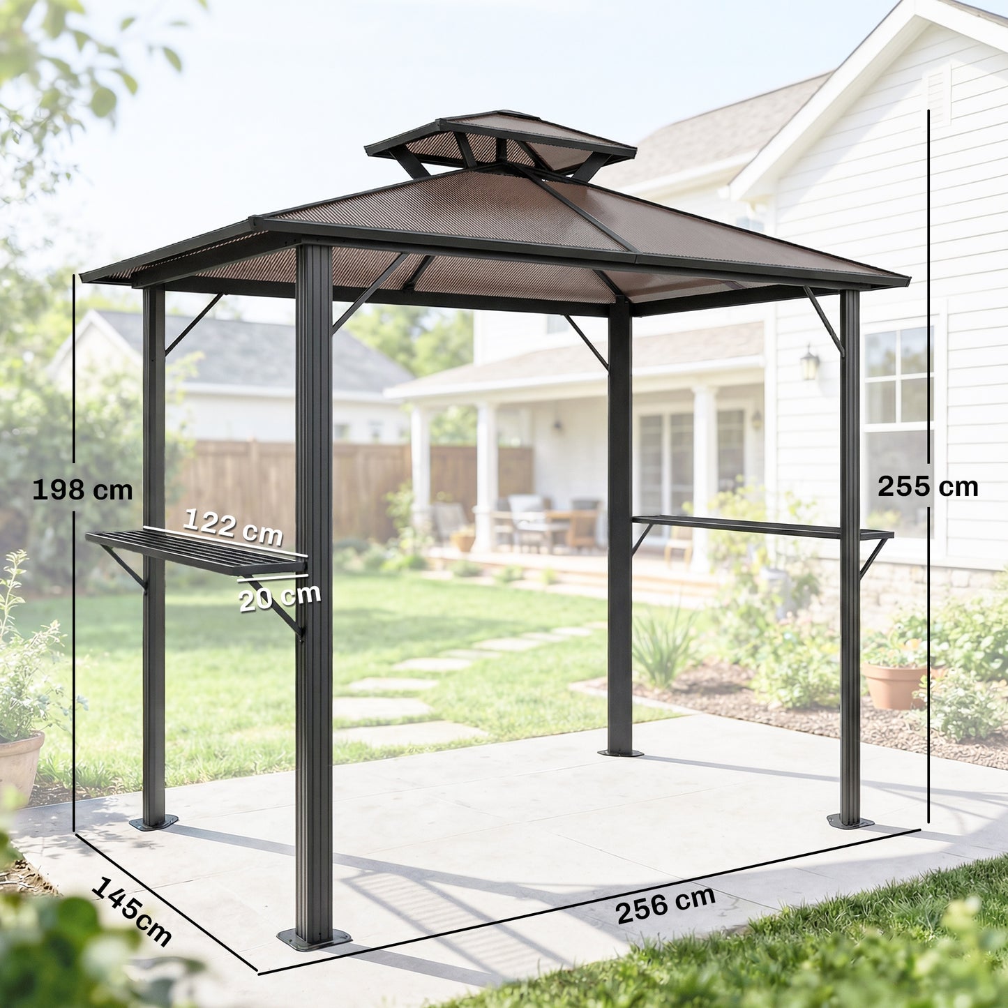Outsunny 2.5 X 1.5 M Hardtop BBQ Gazebo With Double Roof Aluminium Outdoor Shelter Brown