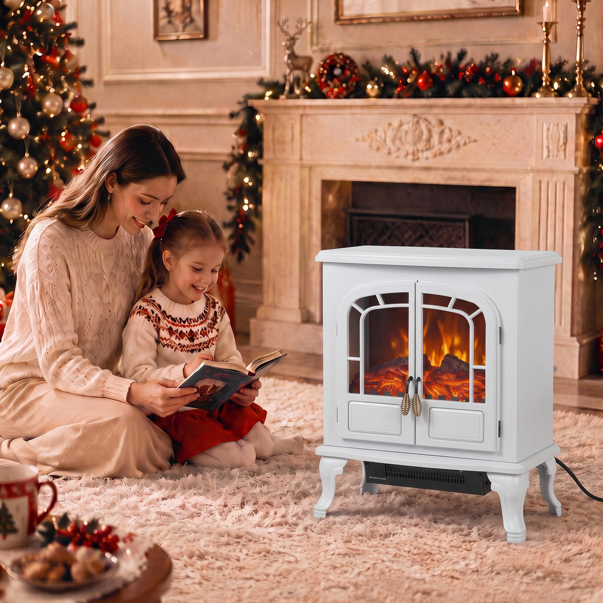 Homcom White Freestanding Electric Fireplace Heater With Led Flames