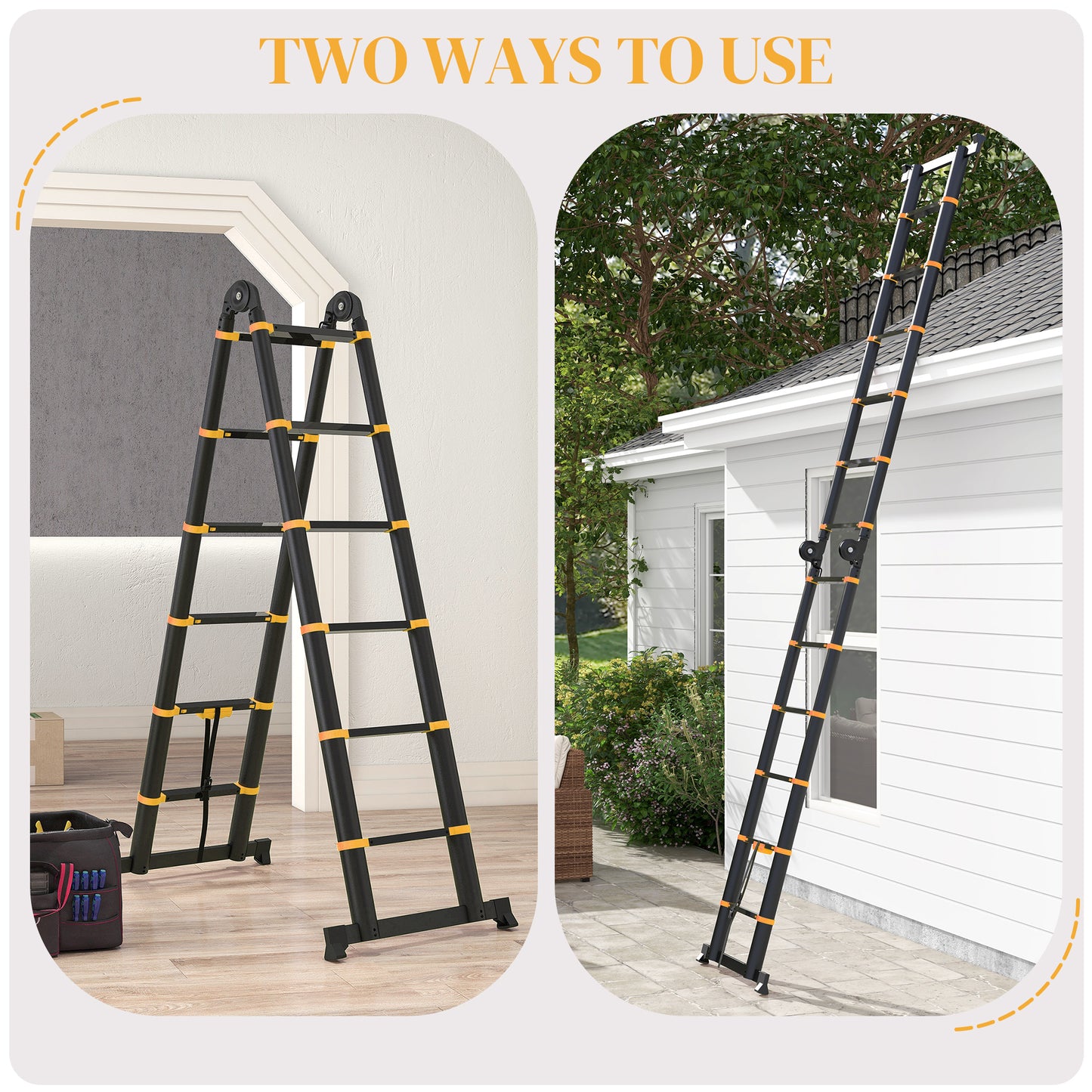 HOMCOM 3.8M Extendable Aluminium Ladder with Tool Holder - Herringbone Design, 12 Non-Slip Steps, Yellow - ALL4U RETAILER LTD