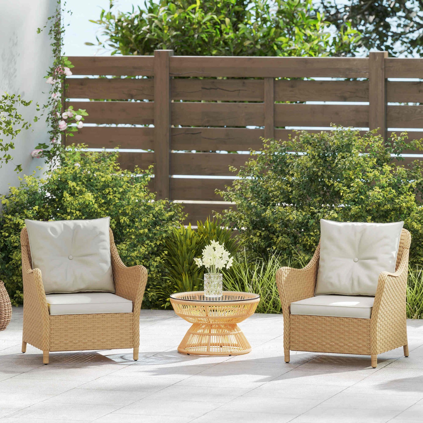 Outsunny Rattan Garden Chairs Set Of 2 With Cushions Armrests High Back PE Wicker Steel Frame For Balcony Porch Beige