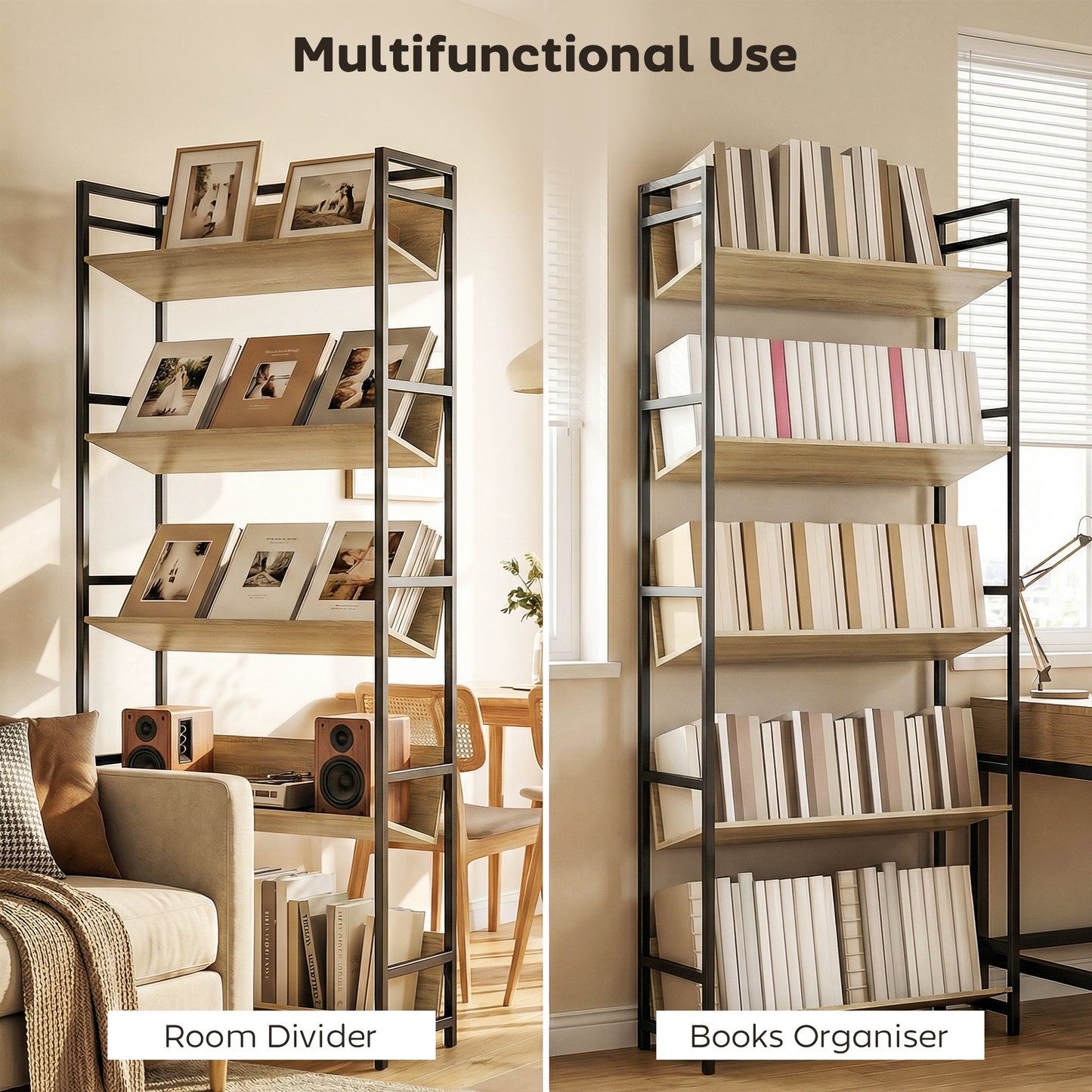 HOMCOM 5 Tier Metal Frame Bookcase Oak Finish For Living Room Storage Shelves With Anti Fall Design
