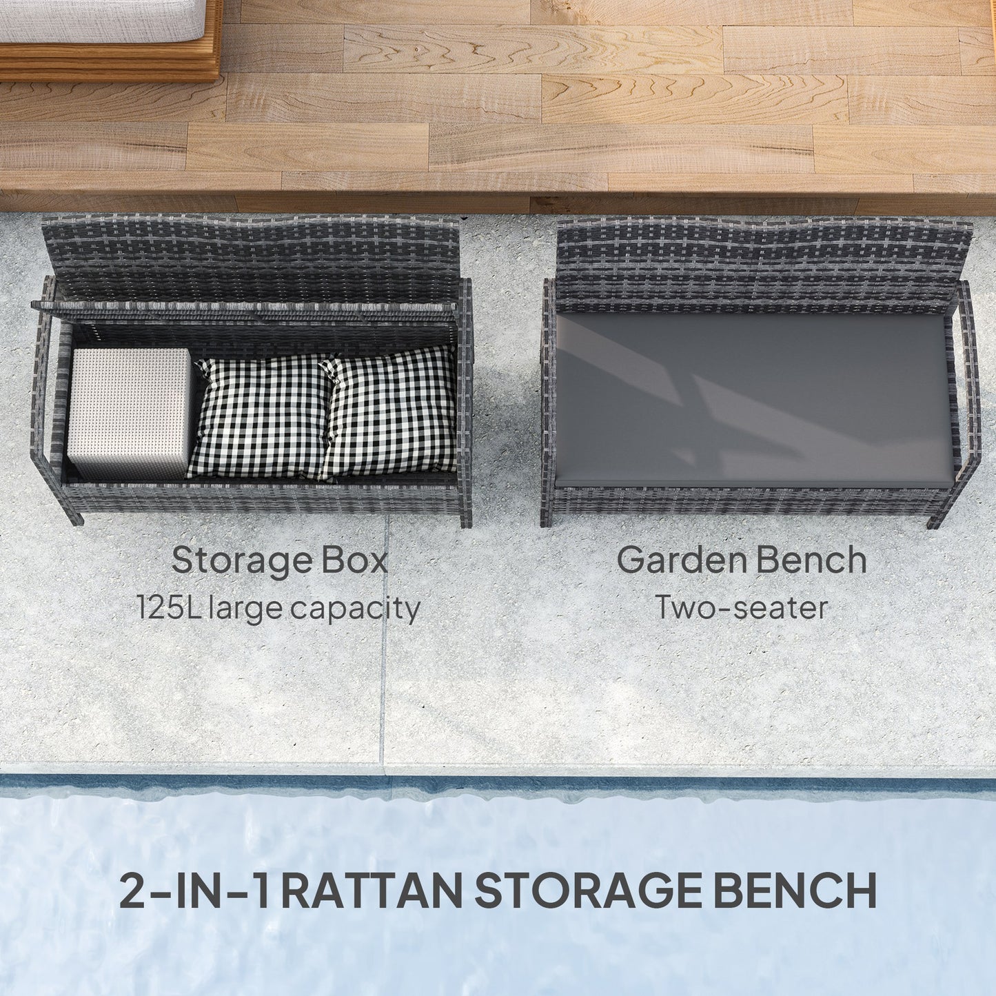 Outsunny 125L Storage Garden Bench With Cushion Grey Two In One Rattan Wicker Seat And Storage Box