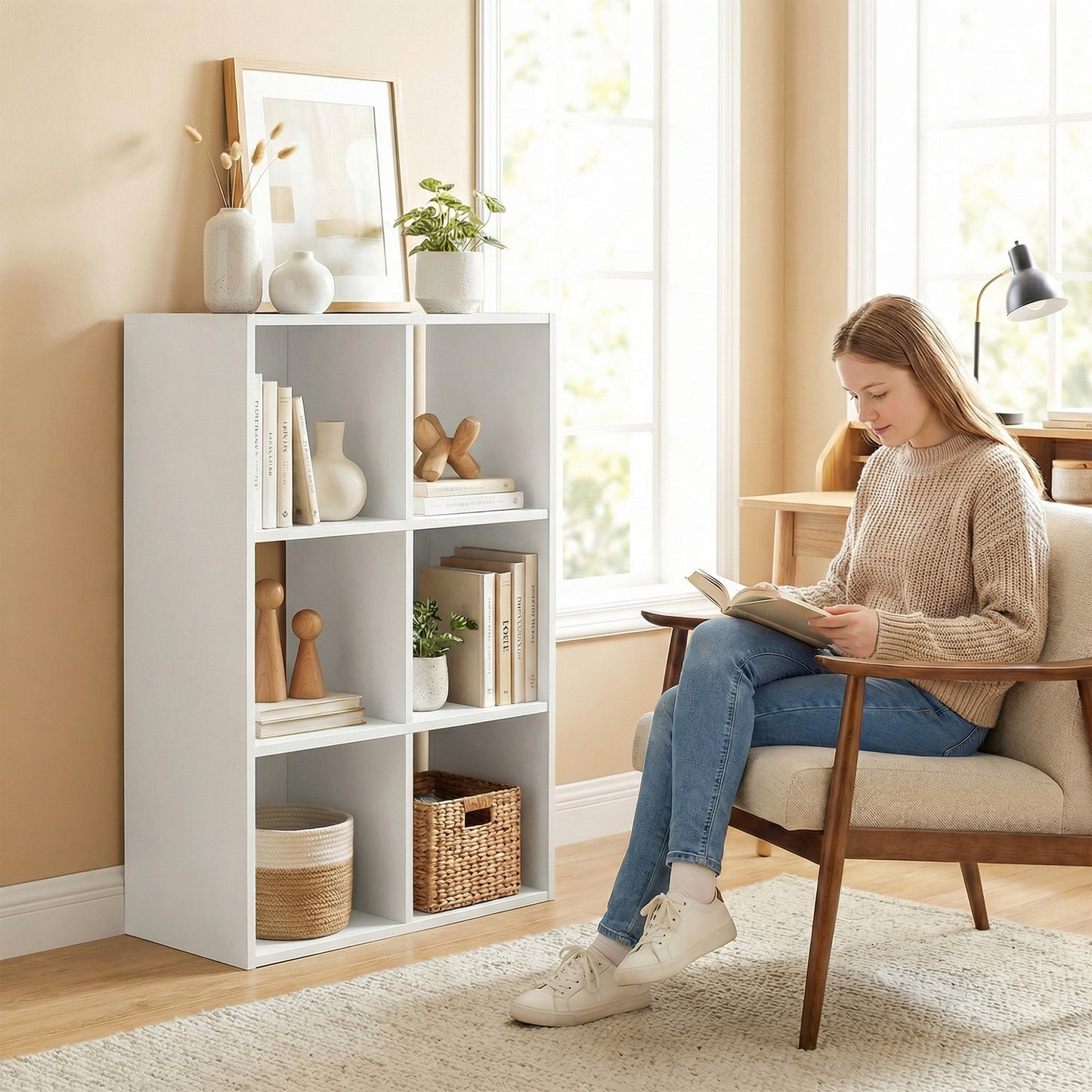 HOMCOM Industrial Style Storage Shelf Bookcase With 6 Compartments White Wood Effect For Living Room And Home Study